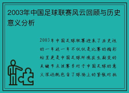 2003年中国足球联赛风云回顾与历史意义分析