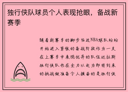 独行侠队球员个人表现抢眼，备战新赛季