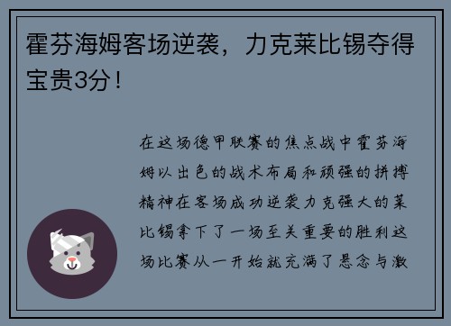 霍芬海姆客场逆袭，力克莱比锡夺得宝贵3分！