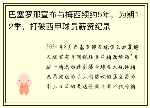 巴塞罗那宣布与梅西续约5年，为期12季，打破西甲球员薪资纪录