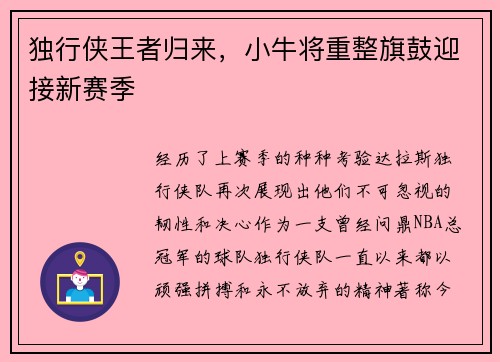 独行侠王者归来，小牛将重整旗鼓迎接新赛季