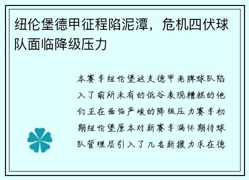 纽伦堡德甲征程陷泥潭，危机四伏球队面临降级压力