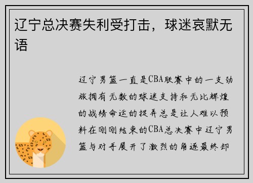 辽宁总决赛失利受打击，球迷哀默无语